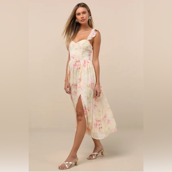 💓Lulus Make Me Blush Peach Floral Print Tiered Maxi Dress.💞SZ XL- NWT - Picture 3 of 16